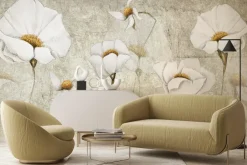 Fototapeta: Białe kwiaty szkic na betonowym tle nowoczesna dekoracja