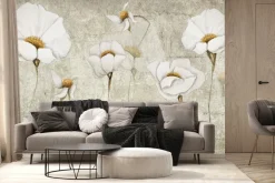 Fototapeta: Białe kwiaty szkic na betonowym tle nowoczesna dekoracja