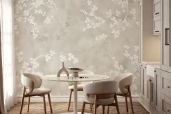 Fototapeta: Białe kwiaty z gałązkami na beżowym tle