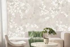 Fototapeta: Białe kwiaty z gałązkami na beżowym tle