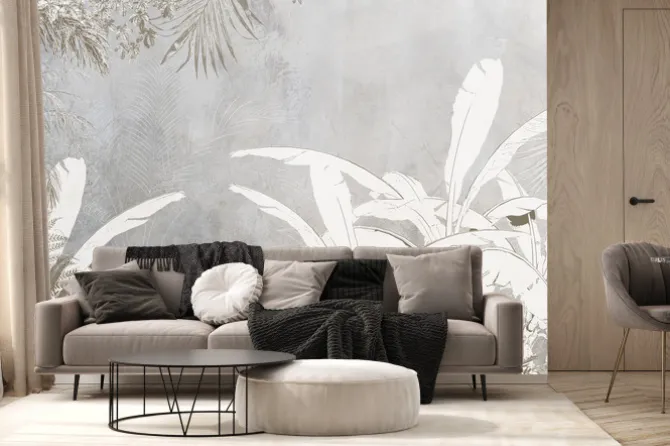 Fototapeta: Białe liście palmowe na szaro-beżowej ścianie