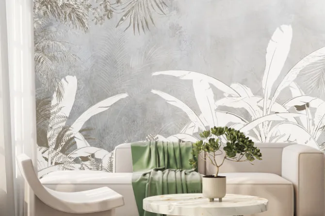 Fototapeta: Białe liście palmowe na szaro-beżowej ścianie