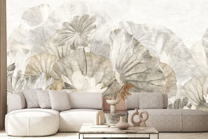 Fototapeta: Białe lilie wodne wśród dużych liści w stylu akwareli delikatna