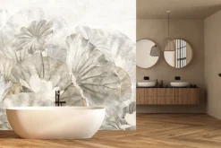 Fototapeta: Białe lilie wodne wśród dużych liści w stylu akwareli delikatna