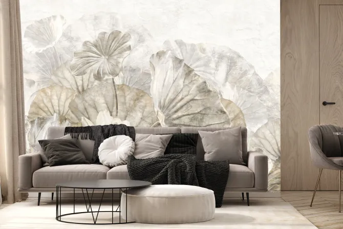 Fototapeta: Białe lilie wodne wśród dużych liści w stylu akwareli delikatna