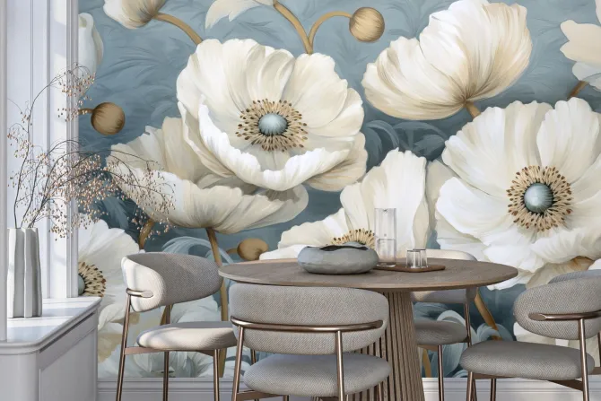 Fototapeta: Białe maki na błękitnym tle