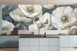 Fototapeta: Białe maki na błękitnym tle