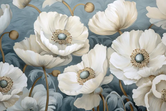 Fototapeta: Białe maki na błękitnym tle