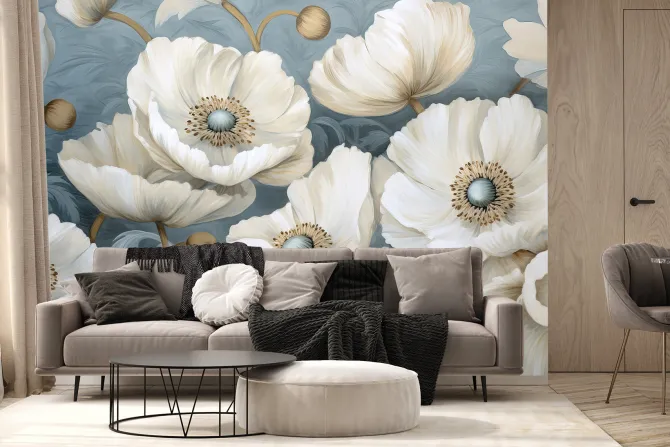 Fototapeta: Białe maki na błękitnym tle