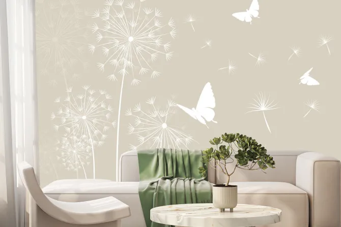 Fototapeta: Białe motyle i dmuchawce z nasionami na wietrze minimalistyczny