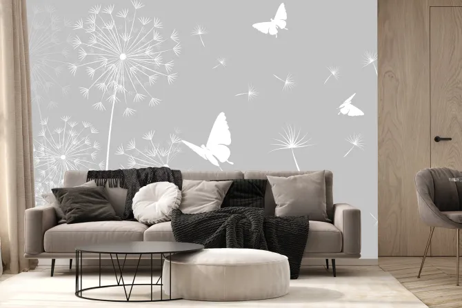 Fototapeta: Białe motyle i dmuchawce z nasionami na wietrze minimalistyczny