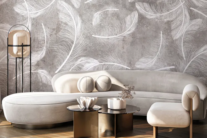 Fototapeta: Białe pióra na szarym betonowym tle styl loft
