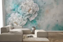 Fototapeta: Białe piwonie na niebieskiej akwareli