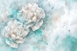 Fototapeta: Białe piwonie na niebieskiej akwareli