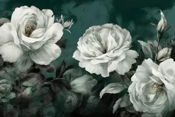 Fototapeta: Białe róże na ciemnozielonym tle