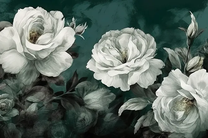 Fototapeta: Białe róże na ciemnozielonym tle