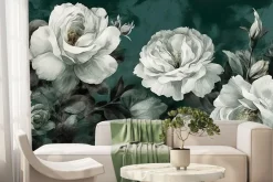 Fototapeta: Białe róże na ciemnozielonym tle