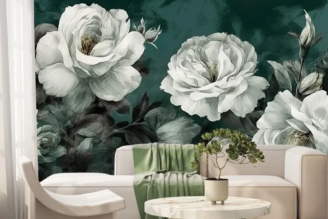 Fototapeta: Białe róże na ciemnozielonym tle