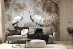 Fototapeta: Białe żurawie wśród dużych tropikalnych liści