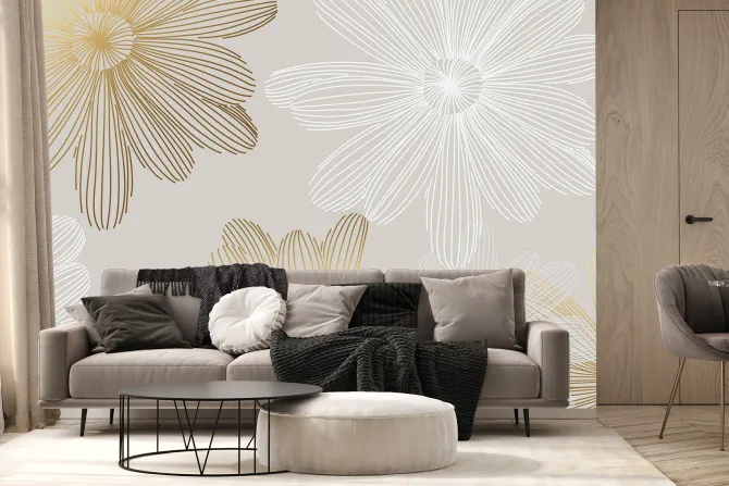 Fototapeta: Biały i złoty szkic stokrotek