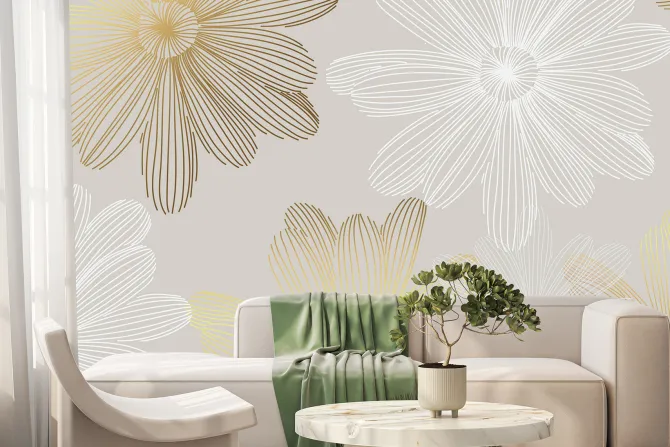 Fototapeta: Biały i złoty szkic stokrotek