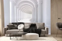 Fototapeta: Biały korytarz z kolumn i łuków perspektywa 3d