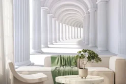 Fototapeta: Biały korytarz z kolumn i łuków perspektywa 3d