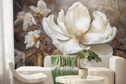 Fototapeta: Biały kwiat magnolii i złote liście