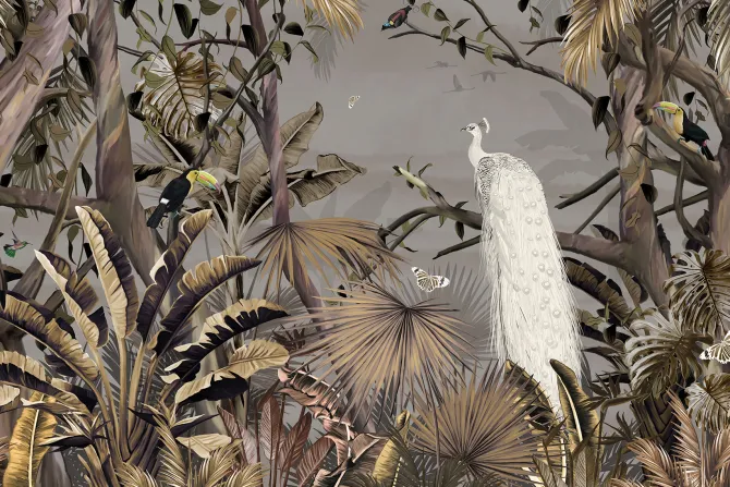 Fototapeta: Biały paw tukany i motyle w tropikalnej dżungli