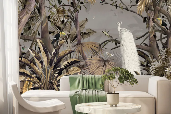 Fototapeta: Biały paw tukany i motyle w tropikalnej dżungli