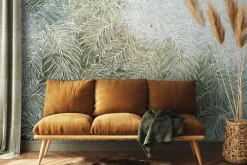 Fototapeta: Biały szkic liści na zielonym tle