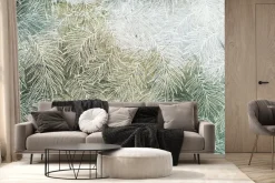 Fototapeta: Biały szkic liści na zielonym tle