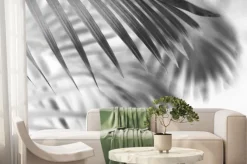Fototapeta: Black tropical palm leaf with shadow on white wall
