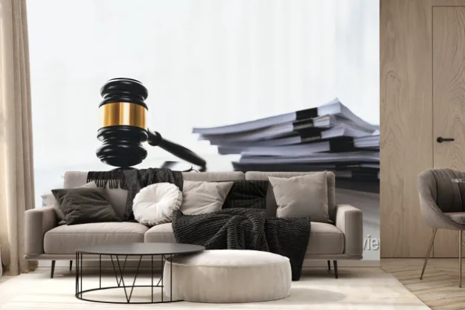 Fototapeta: Black wooden gavel hammer and legal document in empty law firm