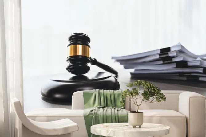 Fototapeta: Black wooden gavel hammer and legal document in empty law firm