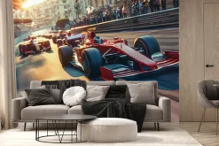 Fototapeta: Bolid f1 pędzący w szybkim tempie po mieście