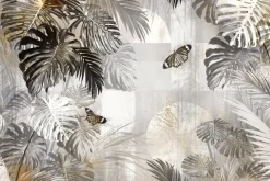 Fototapeta: Botaniczny motyw z motylami i tropikalnymi liśćmi monstery