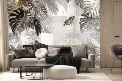 Fototapeta: Botaniczny motyw z motylami i tropikalnymi liśćmi monstery
