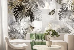 Fototapeta: Botaniczny motyw z motylami i tropikalnymi liśćmi monstery