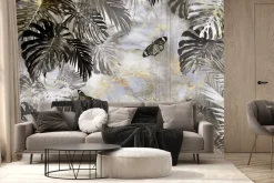 Fototapeta: Botaniczny motyw z motylami i tropikalnymi liśćmi monstery
