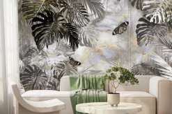 Fototapeta: Botaniczny motyw z motylami i tropikalnymi liśćmi monstery