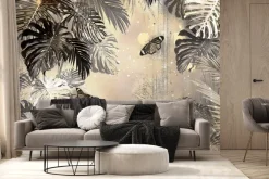 Fototapeta: Botaniczny motyw z motylami i tropikalnymi liśćmi monstery