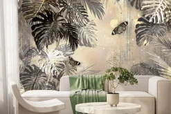 Fototapeta: Botaniczny motyw z motylami i tropikalnymi liśćmi monstery