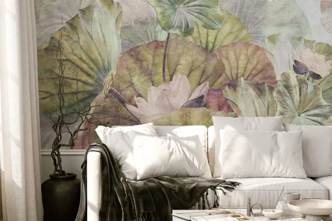 Fototapeta: Botaniczny wzór z liliami wodnymi i zielonymi liśćmi