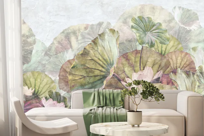 Fototapeta: Botaniczny wzór z liliami wodnymi i zielonymi liśćmi