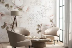 Fototapeta: Botaniczny wzór z białymi kwiatami i motylami na tle mozaiki