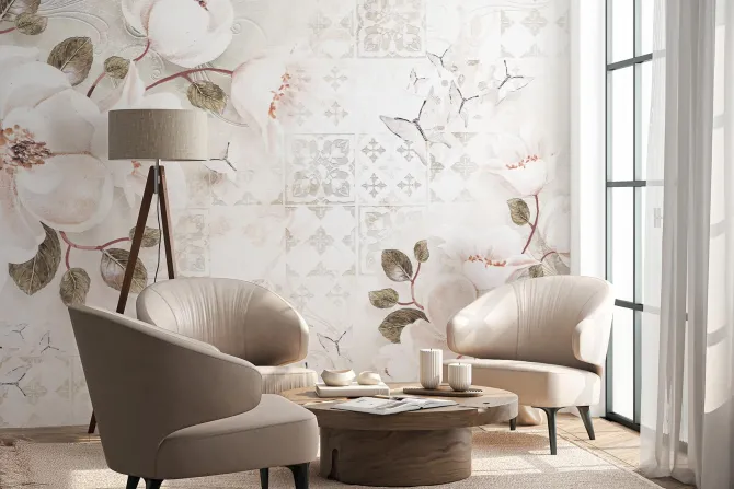 Fototapeta: Botaniczny wzór z białymi kwiatami i motylami na tle mozaiki