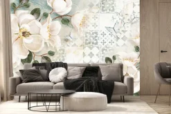 Fototapeta: Botaniczny wzór z białymi kwiatami i motylami na tle mozaiki