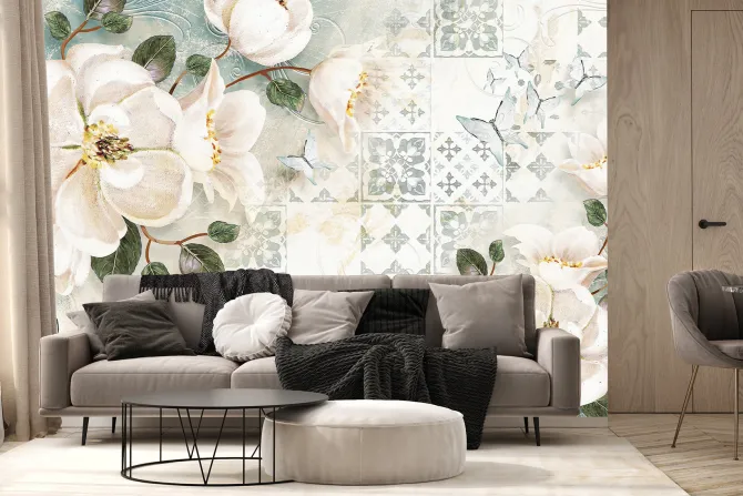 Fototapeta: Botaniczny wzór z białymi kwiatami i motylami na tle mozaiki