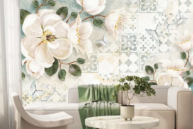 Fototapeta: Botaniczny wzór z białymi kwiatami i motylami na tle mozaiki